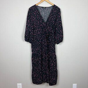 Suzanne Betro Midi Dress 1X Black Pink Polka Dot 3/4 Balloon Sleeve Pockets Plus